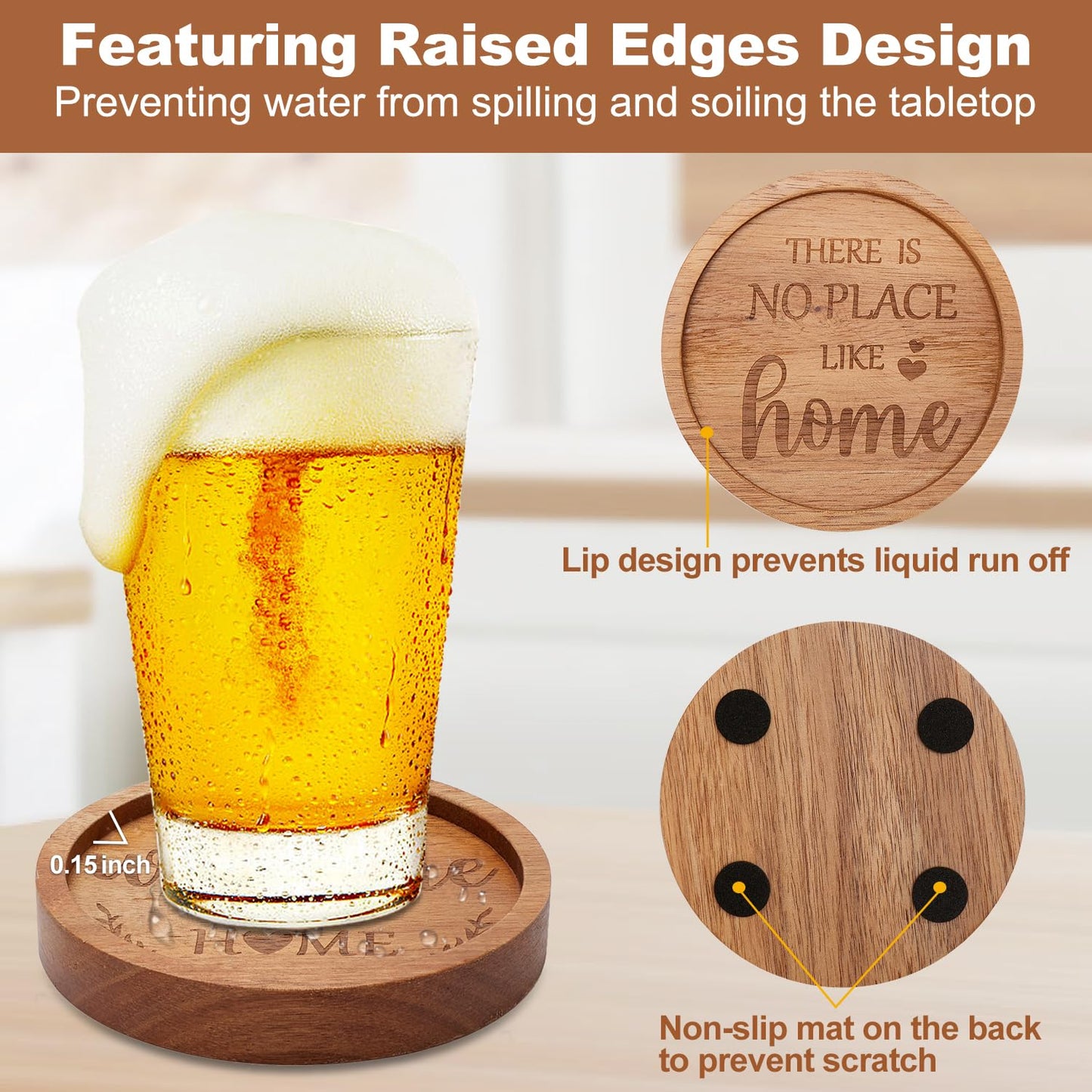 Housewarming Gifts New Home Decor Farmhouse Cup Coaster Set of 6 Wooden Coasters for Coffee Table Cute New House Warming Gift Decorative Rustic Drink Coasters with Holder Modern Wood Coaster