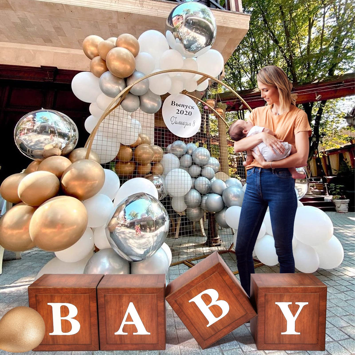Wood Baby Shower Boxes Party Decorations - 4 Wood Grain Brown Blocks with Printed BABY Letters, Gender Reveal Backdrop,Teddy Bear Baby Shower Supplies, First Birthday Centerpiece Decor WLMALL