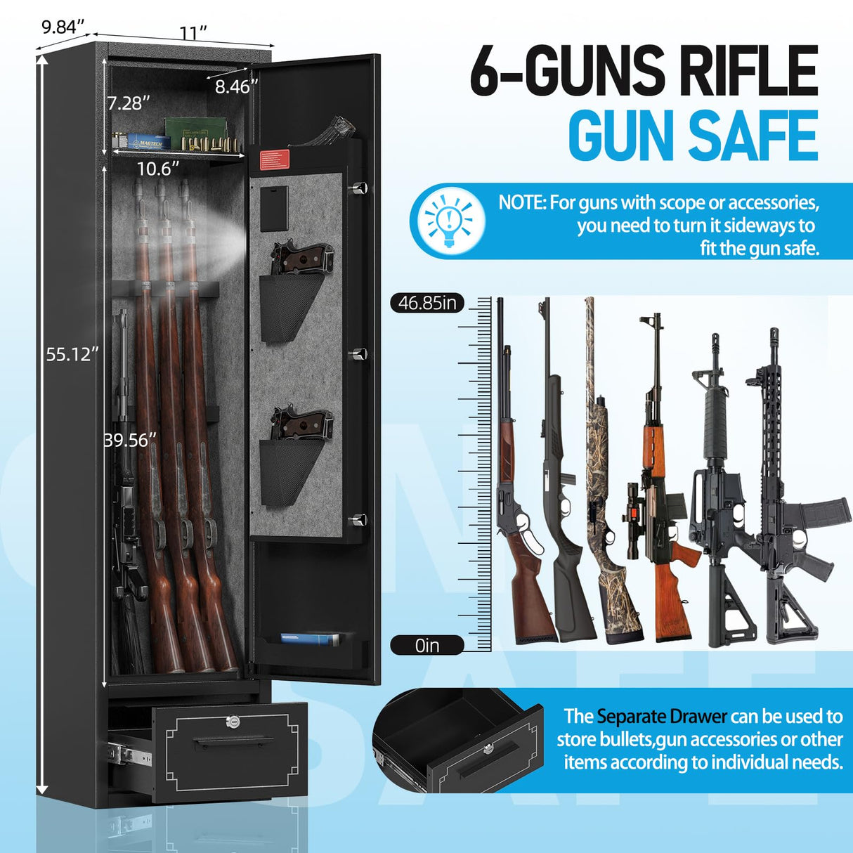 Xyvaly 6 Gun Safe,Gun Safe for Rifles and Pistols,Multi-Function Gun Cabinet,Gun Cabinet for Home Rifle and Pistols,Large Capacity Gun Safe Rifle,Anti-Theft Gun Safe with Handgun Racks Xyvaly