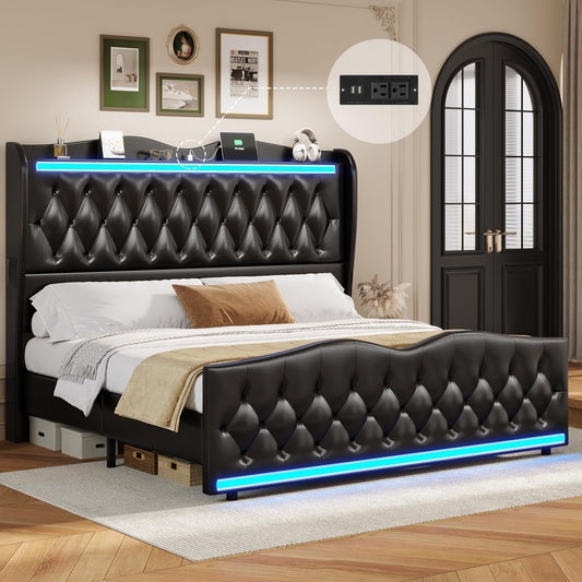 BTHFST King Size Bed Frame with Tall LED Headboard, Charging Station & Wingback Design in Black - WoodArtSupply