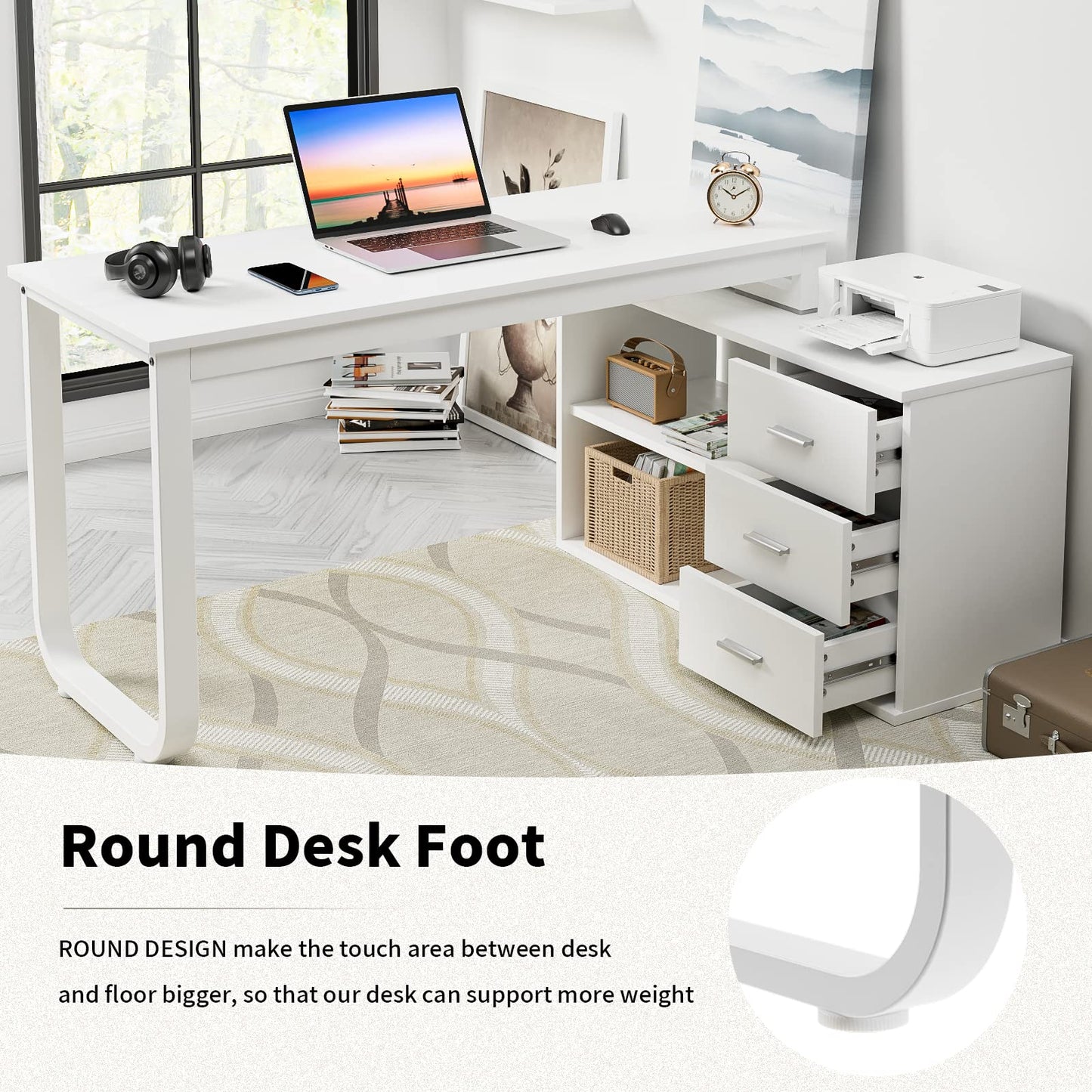 HOMBCK L Shaped Desk with Storage, White Desk Reversible L Shaped Desk with 3 Drawers and File Cabinet, Corner Desk with Hutch and Shelves, Long Computer Desk for Home Office, White - WoodArtSupply