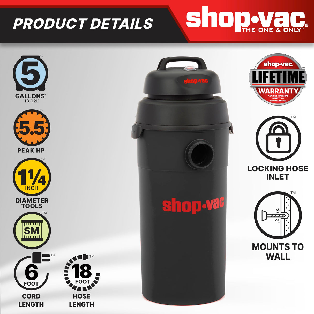 Shop-Vac 9522205 5 Gallon 5.5 Hangup Vacuum, Wet/Dry, Wall Mount, 5, Black Shop-Vac