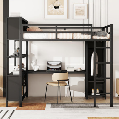 SOFTSEA Full Size Loft Bed with L Shaped Desk, Metal Loft Bed Frame with Wardrobe, Shelves and Storage Cubes, Loft Bed with Guardrails and Ladder, Full Loft Bed for Bedroom Guestroom, Black