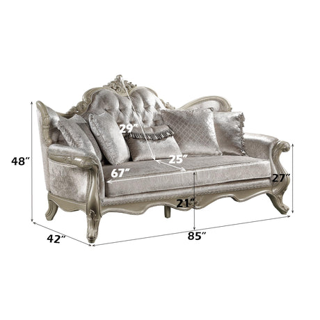 Acme Libertee Upholstered Sofa with 5 Pillows in Beige and Champagne Acme