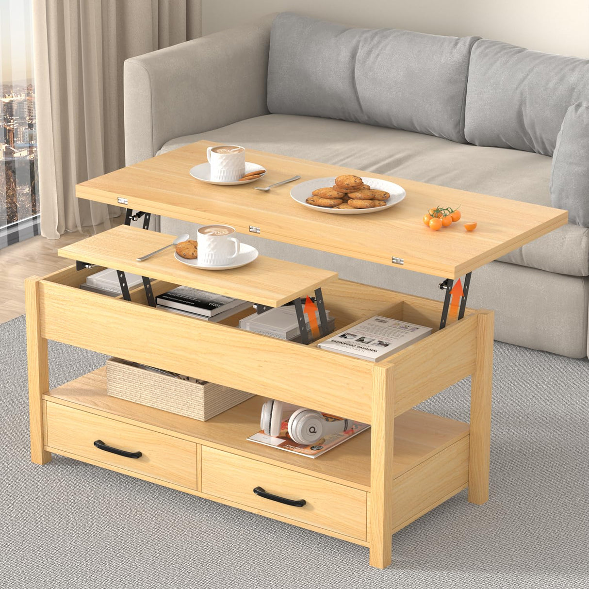 SYESWAY Lift Top Coffee Table, 3-in-1 Multifunctional Coffee Table with Drawers and Hidden Compartments, Coffee Table Converts to Dining Table, for Living Room, Dining Reception Room, Wood SYESWAY