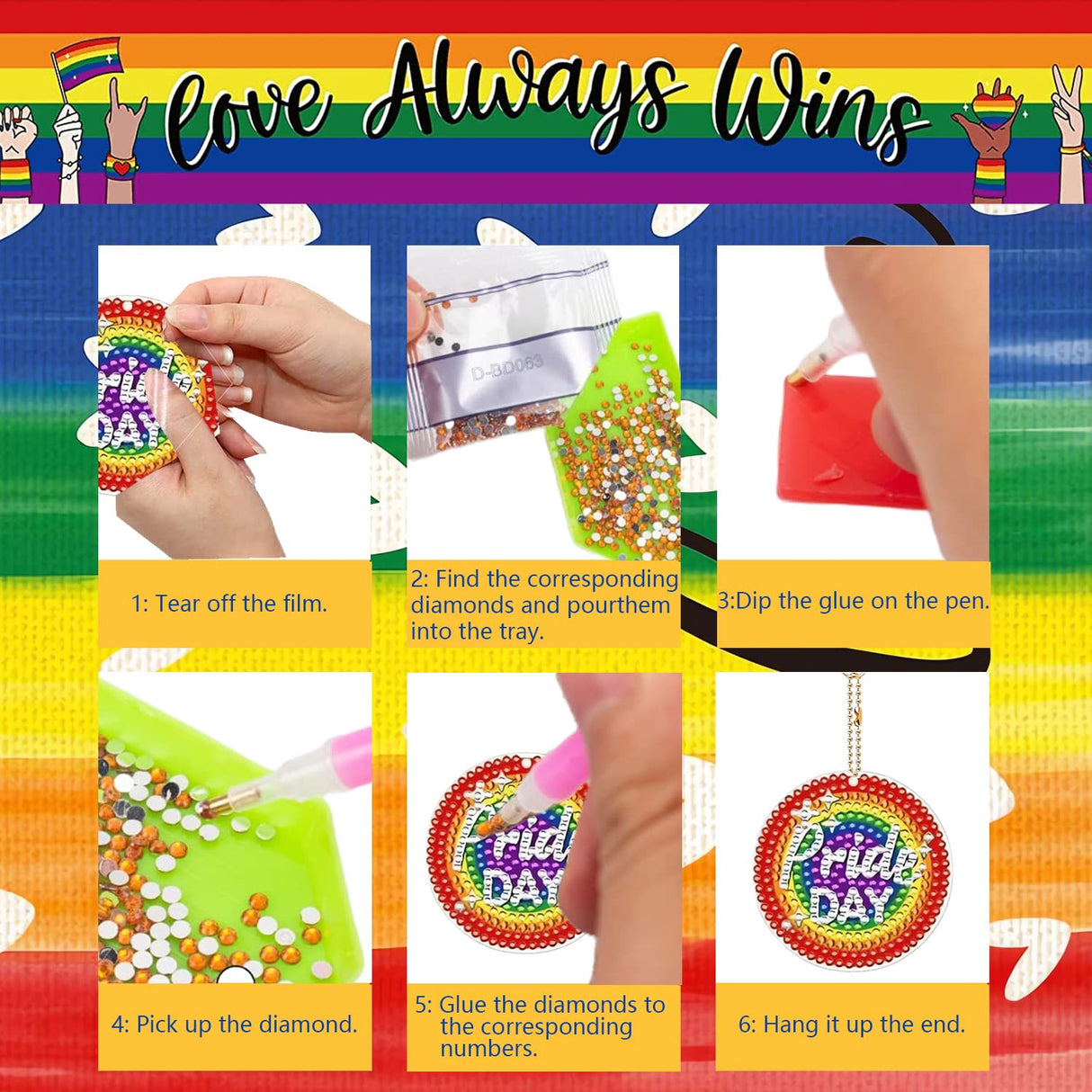 EVECILOO 12 Pieces Rainbow DIY Diamond Key Chain, 5D Diamond Art Ornaments, Pride Month Key Chains, Diamond Art Painting Ornaments with Tray Drill Pen for Gay Pride & LGBTQ Party Gift EVECILOO