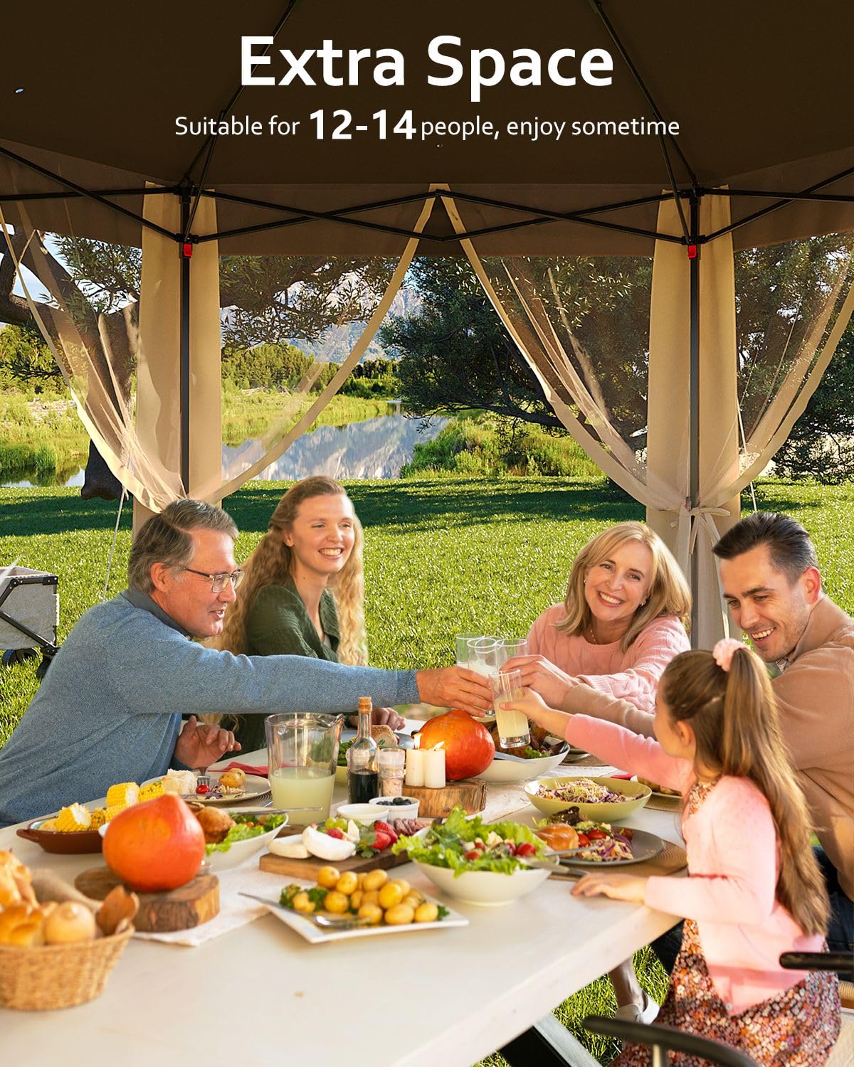 Pop Up Gazebo 13x13Ft, Outside Canopy Tent with 6 Pcs Mosquito Netting, One Push Setup for Backyard Patio Garden Activities - Khaki & Beige Garveelife