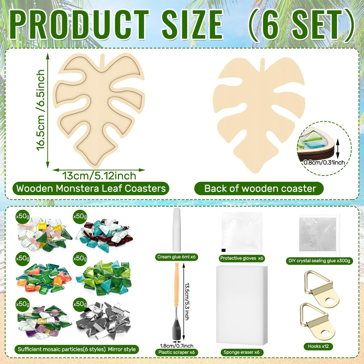 Honeydak 6 Sets DIY Leaves Glass Mosaic Tiles with 6 Sets Leaves Wooden Coasters Making Mosaic Crafts Materials Package Mixed Stained Glass Kit for Handmade Colourful Home Gifts Indoor Decor Honeydak