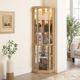 XZTUAJ 69" H Lighted Curio Cabinet - Corner Display Case with Adjustable Shelves and Tempered Glass, Wooden Cabinet with Mirrored Back Pane for Living Room (Light Oak) XZTUAJ