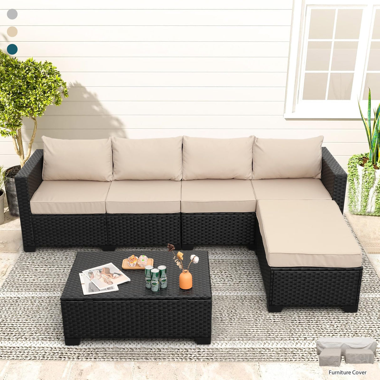 Rattaner Outdoor Sectional Wicker Patio Furniture Long Patio Couch with Ottoman and Outdoor Storage Table 4 Pieces Patio Furniture Set Weathering Anti-Slip Cushions Waterproof Covers, Khaki Rattaner