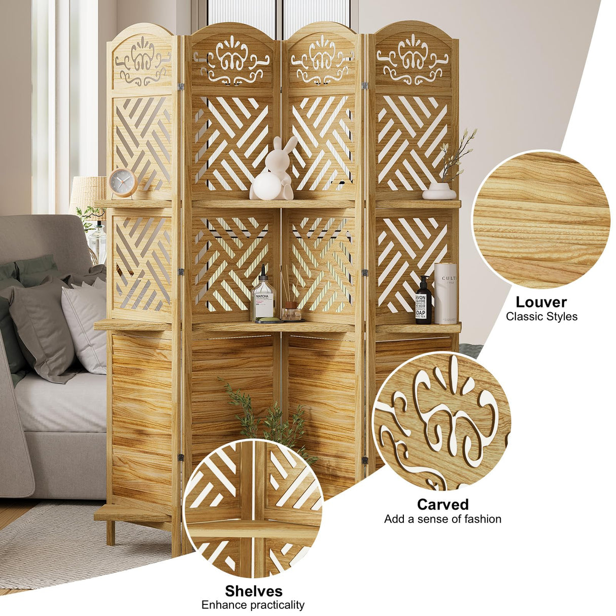 Room Divider with Shelves, 5.75ft Tall Folding Wood Carved Screen with Double Hinges for Home Office Bedroom Hotel Decoration (4 Panels, Natural) Svimi