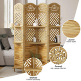 Room Divider with Shelves, 5.75ft Tall Folding Wood Carved Screen with Double Hinges for Home Office Bedroom Hotel Decoration (4 Panels, Natural) Svimi