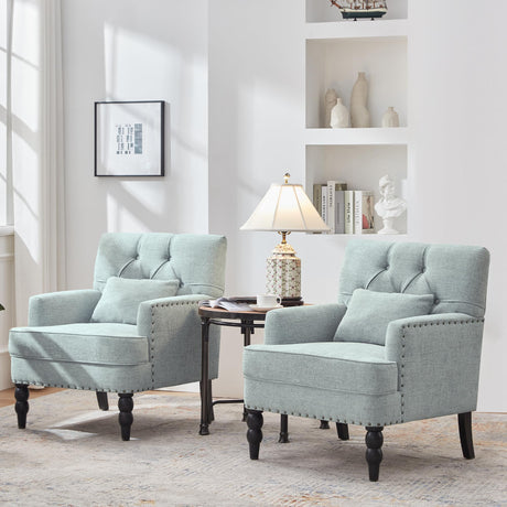 HUIMO Accent Chairs Set of 2, Tufted Club Chair Set of 2 with Lumbar Pillow,Upholstered Button Armchair, Linen Fabric Sofa Chairs for Bedroom, Living Room, Mid Century Modern Reading Chair,Light Blue HUIMO