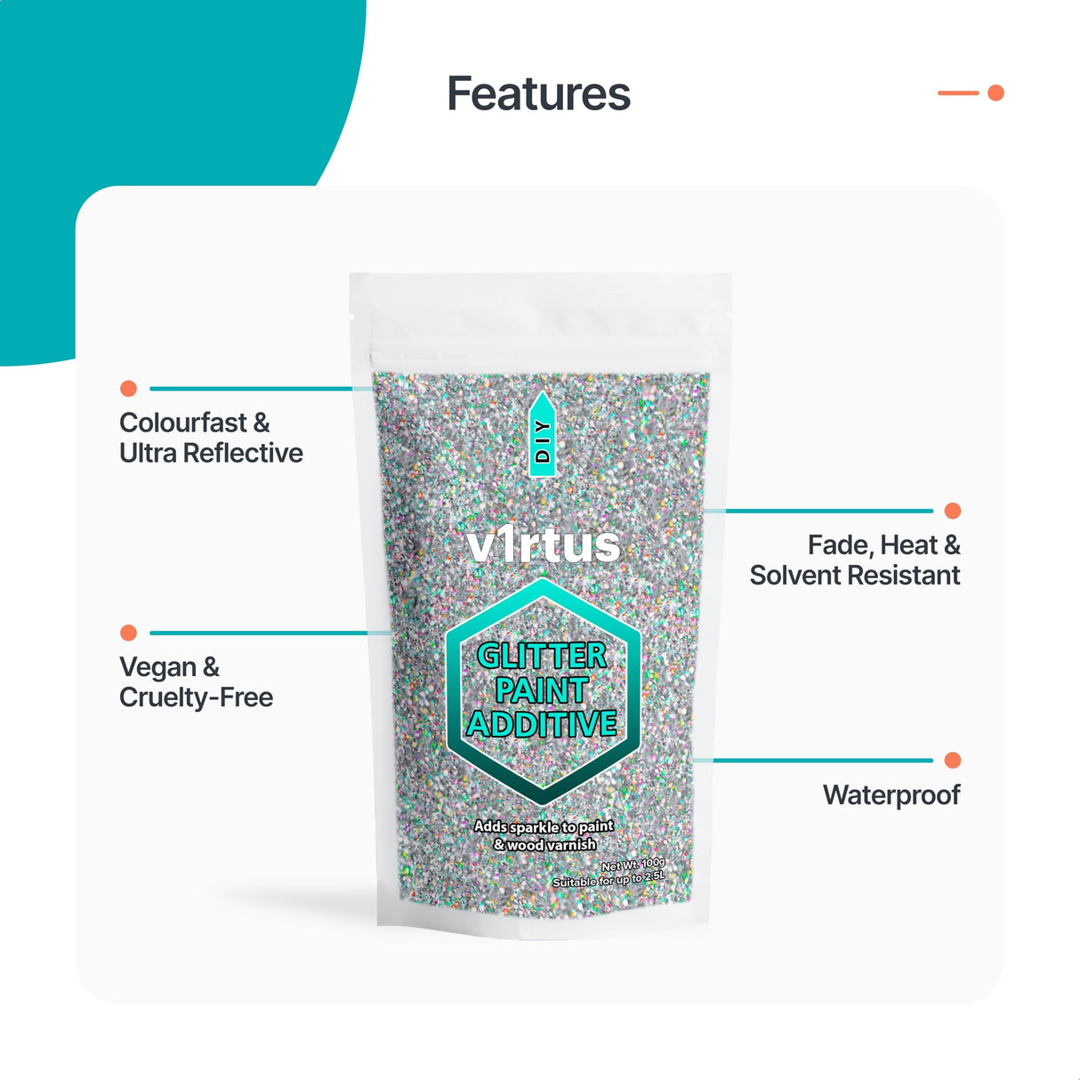 v1rtus Silver Holographic Glitter Paint Additive 400g with 4X Finishing Buffing Pads | for Painting Glitter Walls | Add to Interior or Exterior Paint v1rtus