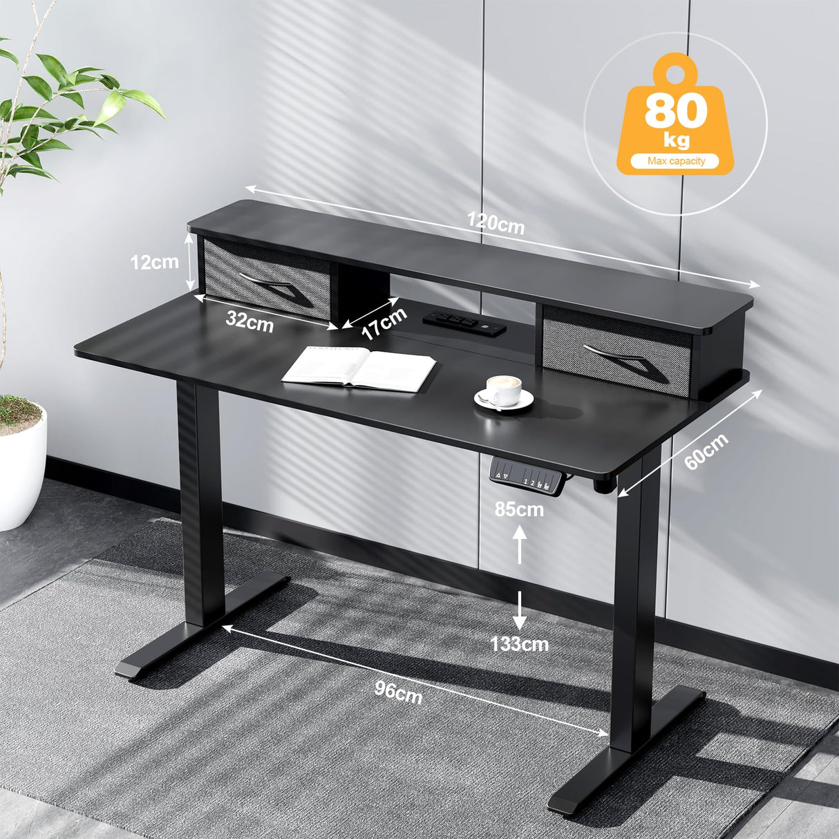 Mr IRONSTONE Standing Desk, 47 x 24 Inches Electric Height Adjustable Desk with 3 AC Outlets & 2 USB Ports, Stand Up Desk with 2 Drawers and Large Monitor Stand, Black Mr IRONSTONE