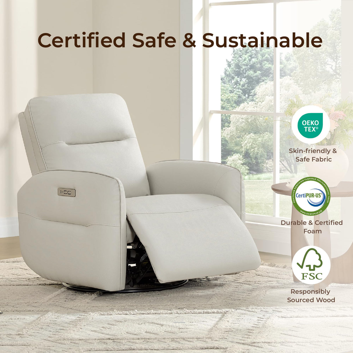 CHITA Faux Leather Power Recliner Chair, Swivel Glider Recliner for Adults, Nursery Rocking Chair with USB & Type-C Charging for Living Room, Bedroom, Creamy Grey CHITA