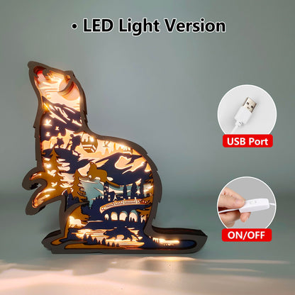 3D Wooden Animals Carving LED Night Light, Wood Carved Lamp Modern Festival Decoration Home Decor Desktop Desk Table Living Room Bedroom Office Farmhouse Shelf Statues Perfect Gifts (Ferrets)