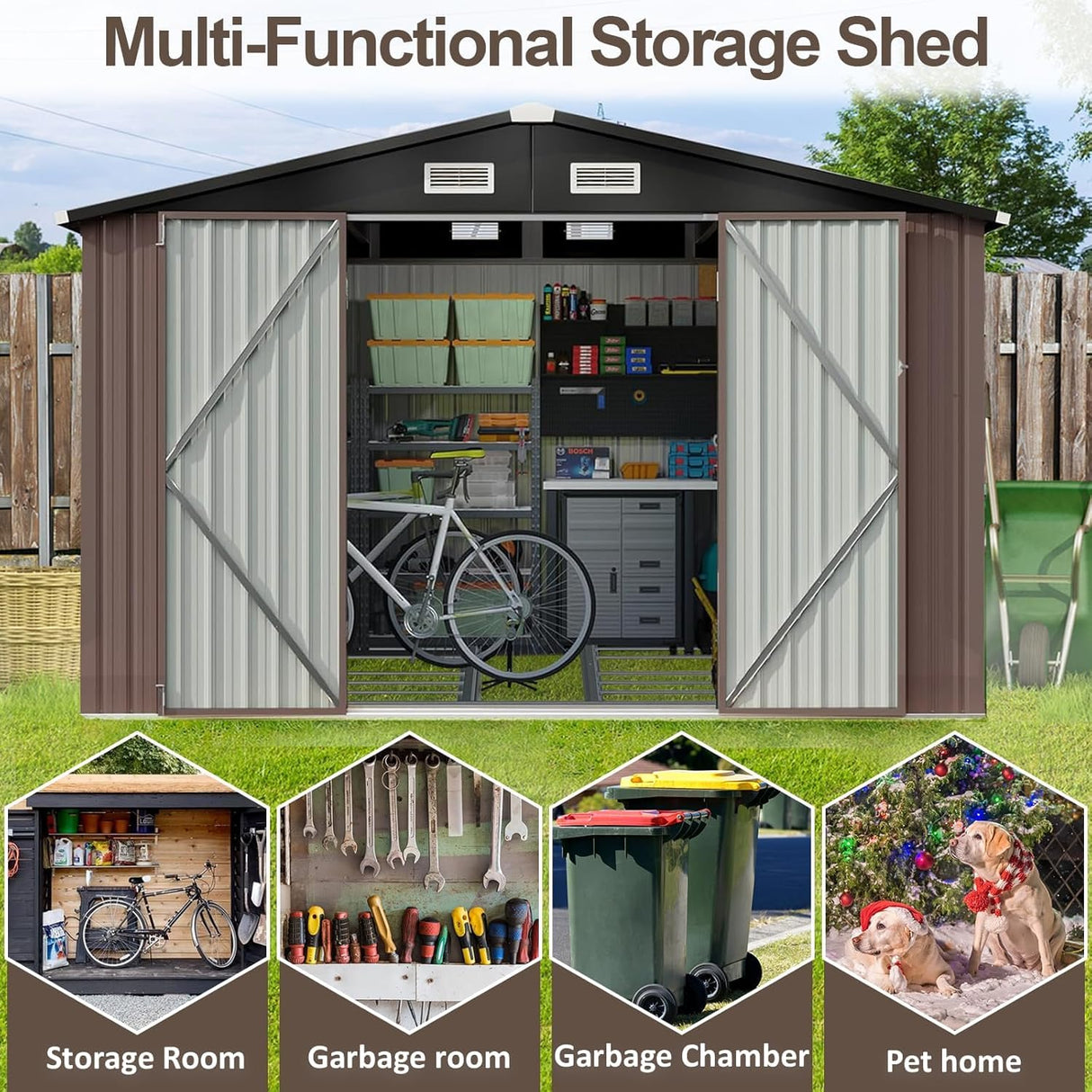 Aoxun Outdoor Storage Shed, 7.6 x 9.7 FT, Garbage Can, Outdoor Metal Shed for Tool, Garden, Bike, Placed in Patio, Garden Brown Base Included Aoxun