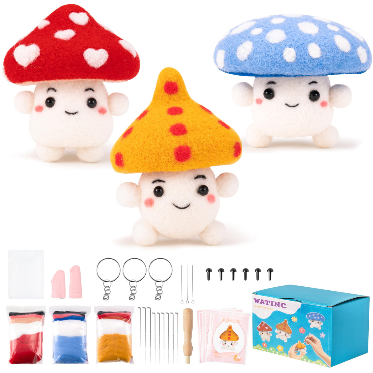 WATINC Mushroom Wool Needle Felting Kit - Set of 3 Red Blue Yellow Mushroom Doll Wool Felt Needle Felting Tools Foam Pad, DIY Home Decoration Needle Felting Craft Party Supplies for Beginners WATINC