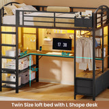 Loft Bed Twin Size with L Shape Desk,4 Drawers,Cloth hanging rack,2-Tier Storage Shelves Metal Loft Bed Frame with Power Outlet and LED Lighted,No Box Spring Needed,Space-Saving,Noise Free (Black) UPOSOJA
