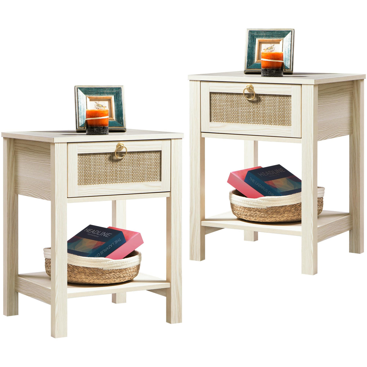 SICOTAS White Nightstand Set of 2,Rattan Decor Drawer with Brass Knobs Night Stand Wood Bedside Table Boho End Tables Side Tables with Storage Shelf SICOTAS
