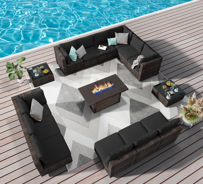 15 Pieces Patio Furniture Set with Fire Pit Table Wicker Outdoor Furniture Set PE Rattan Outdoor Conversation Sofa Set, Sectional Couch with All-Weather No-Slip Cushions and Waterproof Covers Black