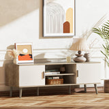 SUPERJARE TV Stand for 55 Inch TV, Entertainment Center with Adjustable Shelf, 2 Cabinets, TV Console Table, Media Console, Solid Wood Feet, Cord Holes, for Living Room, Bedroom, Gray and White SUPERJARE