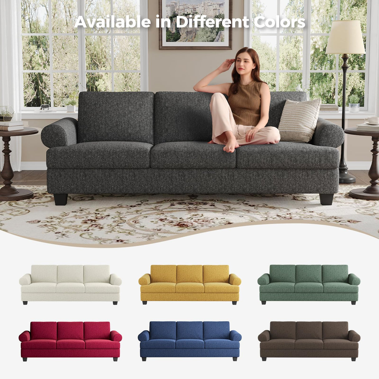 COPIAE 91 Inch Lawson Sofa with Extra Deep Seats Oversize, Mid-Century 3-Seat Sofa Couch, for Living Room, Apartment, Lounge, Dark Gray COPIAE