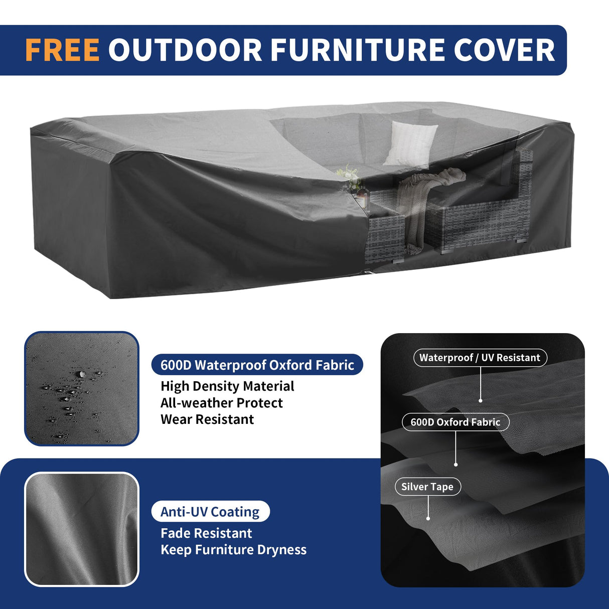 VONZOY Patio Furniture Set, 10-Piece Outdoor Sectional with Free Cover, All-Weather Wicker Patio Conversation Sets for Backyard (Grey with Black Cushion) VONZOY