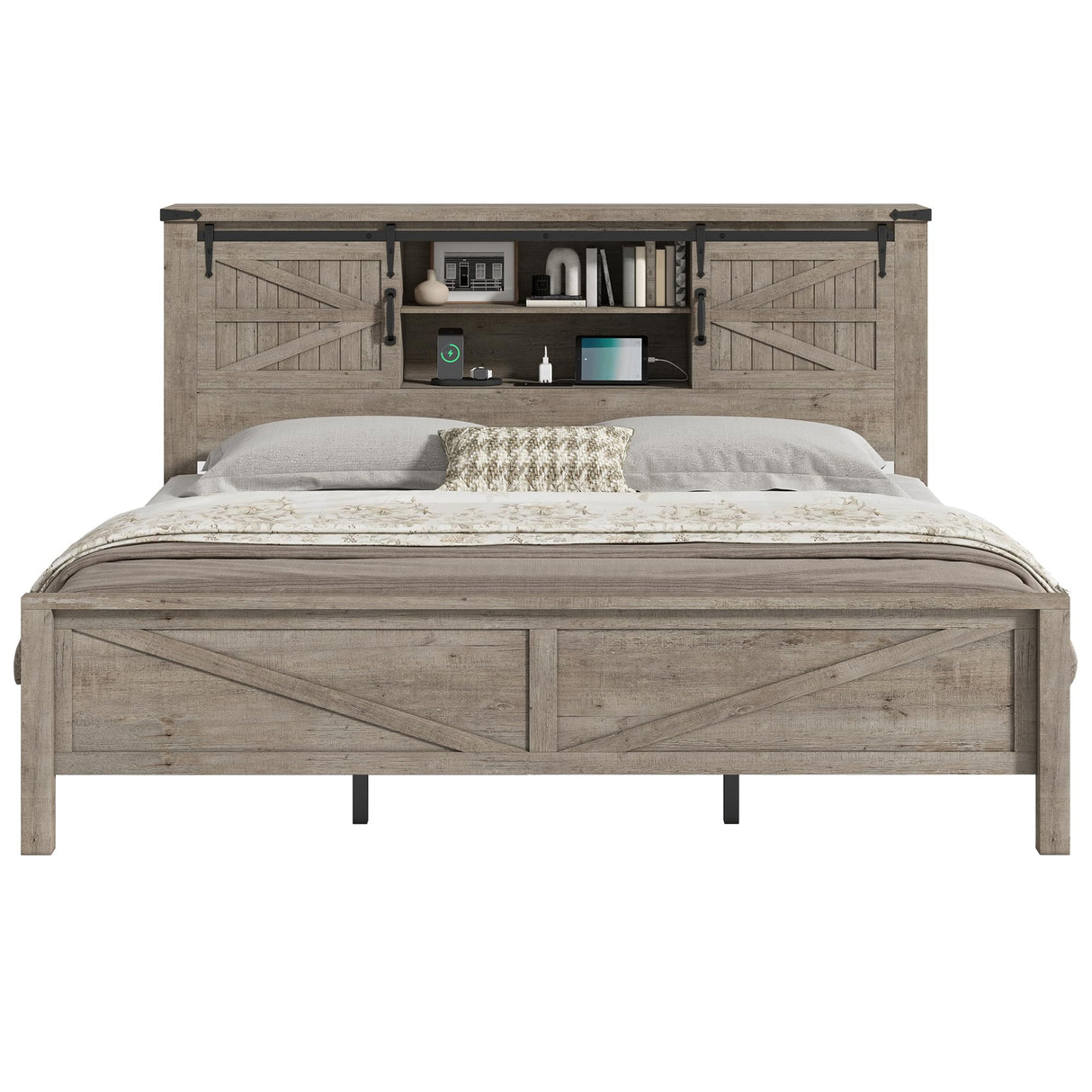 AMERLIFE Farmhouse King Bed Frame, Rustic Wood Platform Bed w/Barn Door Storage Bookcase Headboard & Charging Station, Bedroom Furniture, No Box Spring Needed, Light Grey AMERLIFE