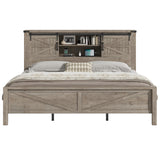 AMERLIFE Farmhouse King Bed Frame, Rustic Wood Platform Bed w/Barn Door Storage Bookcase Headboard & Charging Station, Bedroom Furniture, No Box Spring Needed, Light Grey AMERLIFE
