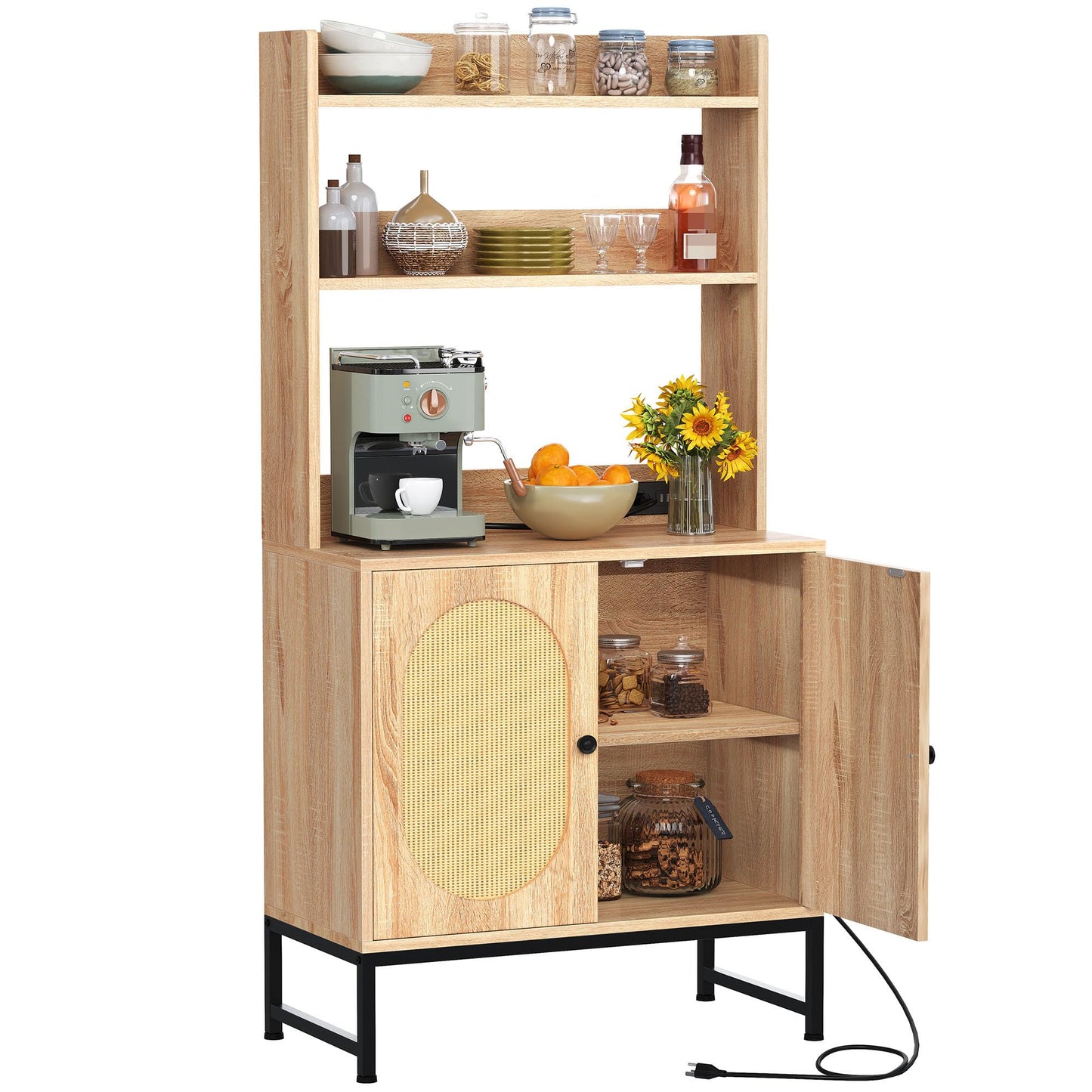 YITAHOME Bakers Rack Cabinet with Power Outlet Woven Rattan Microwave Stand Farmhouse Freestanding Small Kitchen Pantry Hutch Tall Thickened Counter Coffee Bar with Storage Shelves Oak