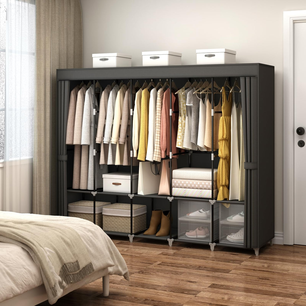 MOGELAFOO 83 Inch Wide Portable Closet Wardrobe, Clothes Storage Rack Organizer with Cover, 5 Clothes Hanging Rods and 10 Storage Shelves, Black MOGELAFOO