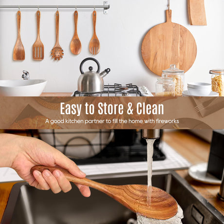 5 PCS Wooden Spoons for Cooking Natural Teak Kitchen Utensils Smooth Non-Stick Surface Cooking Utensils Set Soft Comfort-Grip Wooden Utensils for Cooking MULBOM