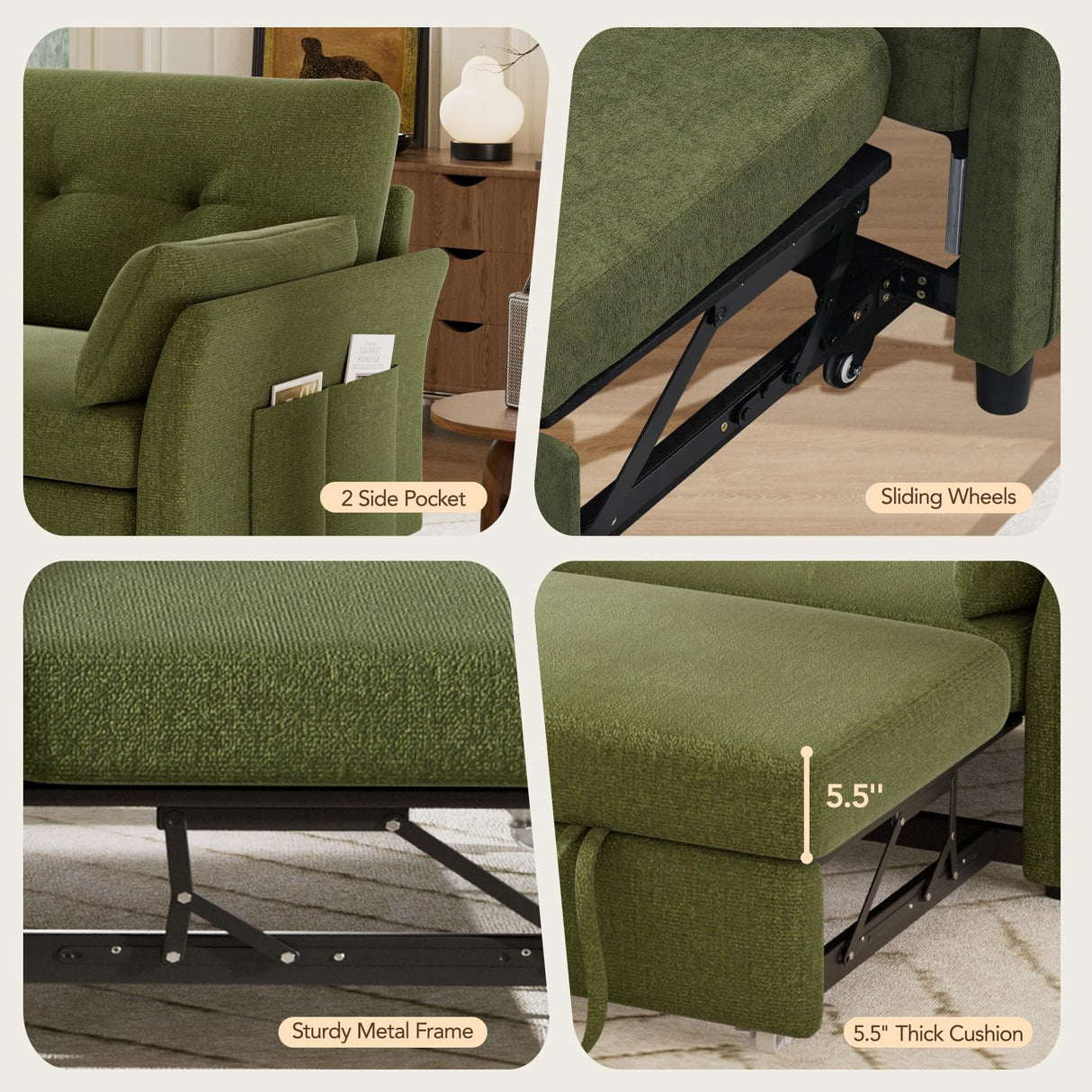 Vipbear 3 in 1 Sleeper Sofa Bed, Pull Out Couch with Reclining Backrest, Convertible Loveseat with Side Pocket, Tool-Free Assembly, Modern Chenille Loveseat for Living Room, Apartment, Green Vipbear