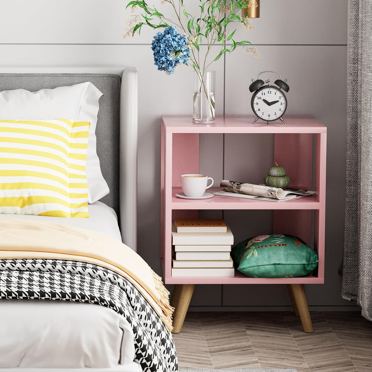 Aenuert Night Stand, Pink Kids Nightstand, Modern End Table with Open Storage, 2-Tier Nursery Bedside Table for Small Space, Living Room, Bedroom Aenuert