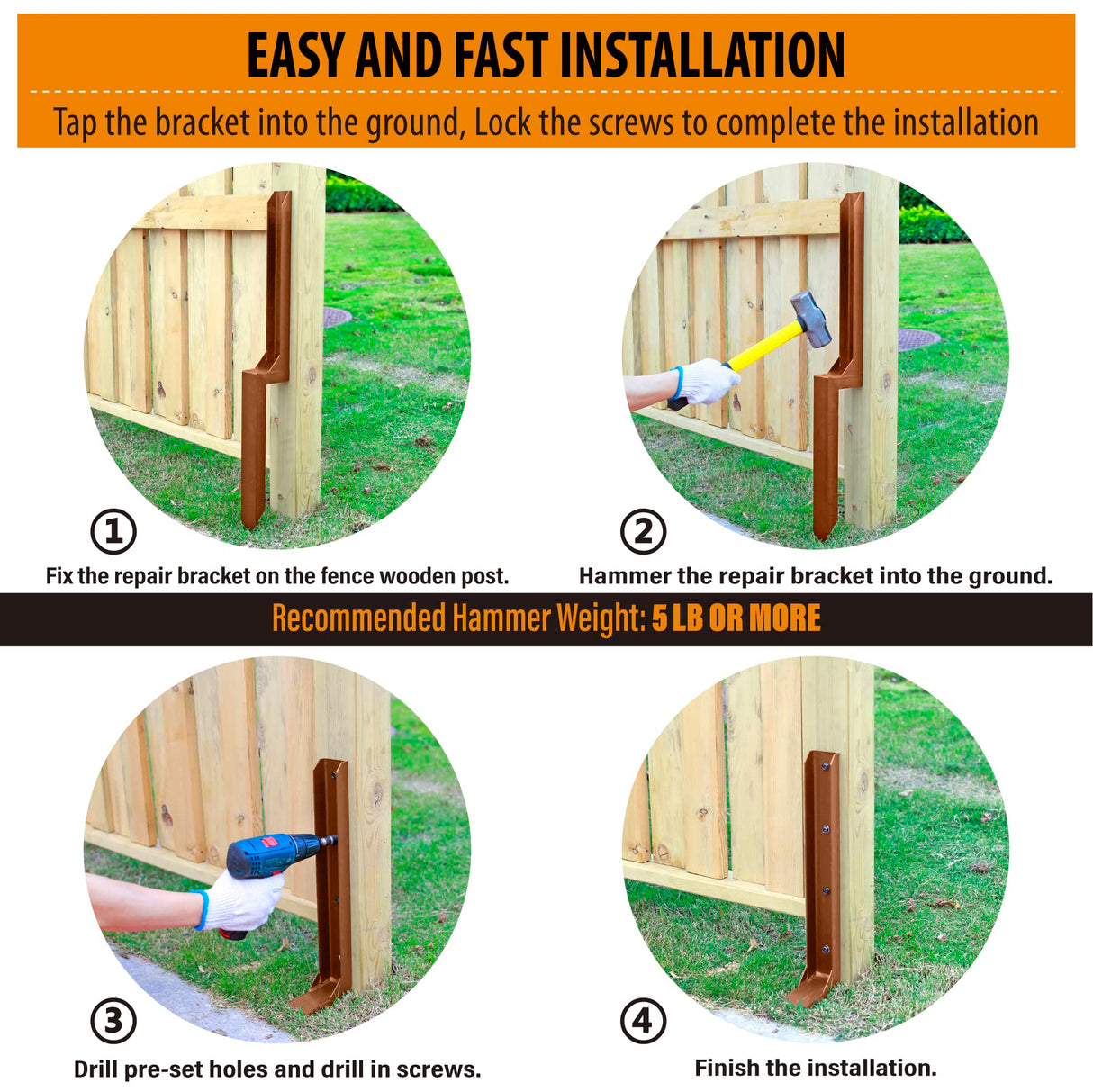 WOCEPU 2.8 FT Fence Post Repair Kit, for Repairing Broken Wooden Fence Post Repair Stakes (4pack-Brown) WOCEPU