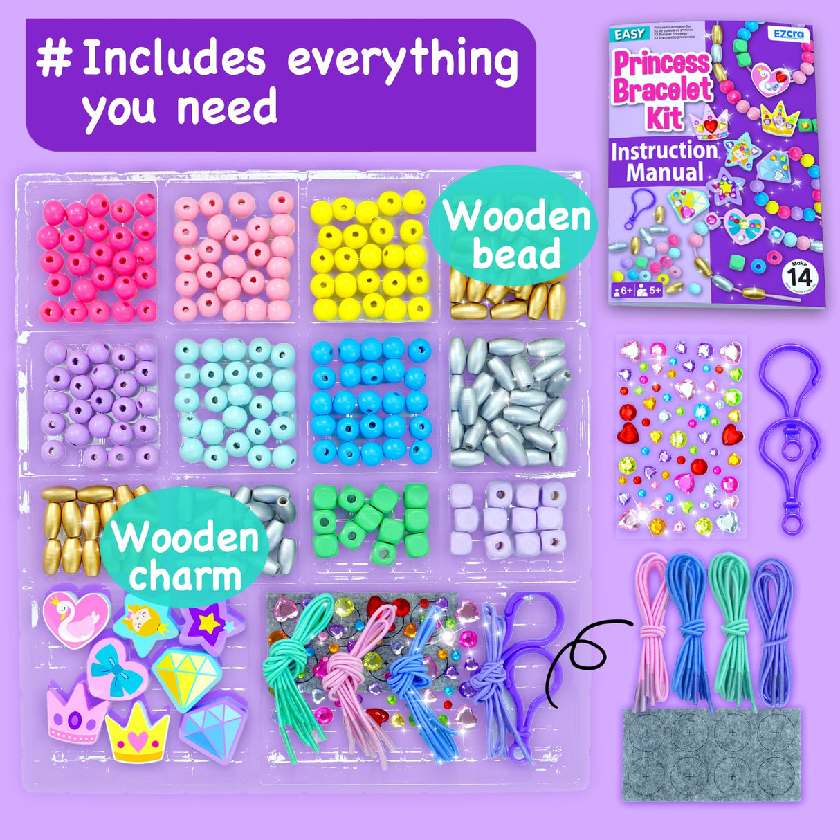 EZCRA Kids Bracelet Making Kit – Make 14 Jewelry Kit for Girls Age 5 - Beads for Kids - Friendship Bracelet Craft Set - Easy DIY Bracelet Kit, Gift for Girls 4-6 EZCRA