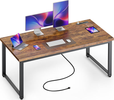 Huuger 55 Inch Desk with Power Outlets, Deeper & Thicker Desktop, Robust Metal Tubes, Computer Desk, Heavy Duty Office Desk, Work Gaming Desk for Home Office, Rustic Brown