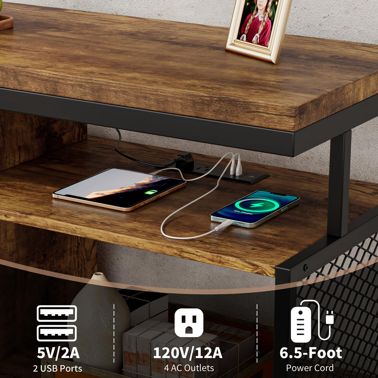 Algglobuy TV Stand for 65 75 Inch TV with LED Lights, Entertainment Center with Open Storage Tempered Glass Shelf & Power Outlets, Industrial TV Console Table for Living Room, Bedroom, Rustic Brown Algglobuy