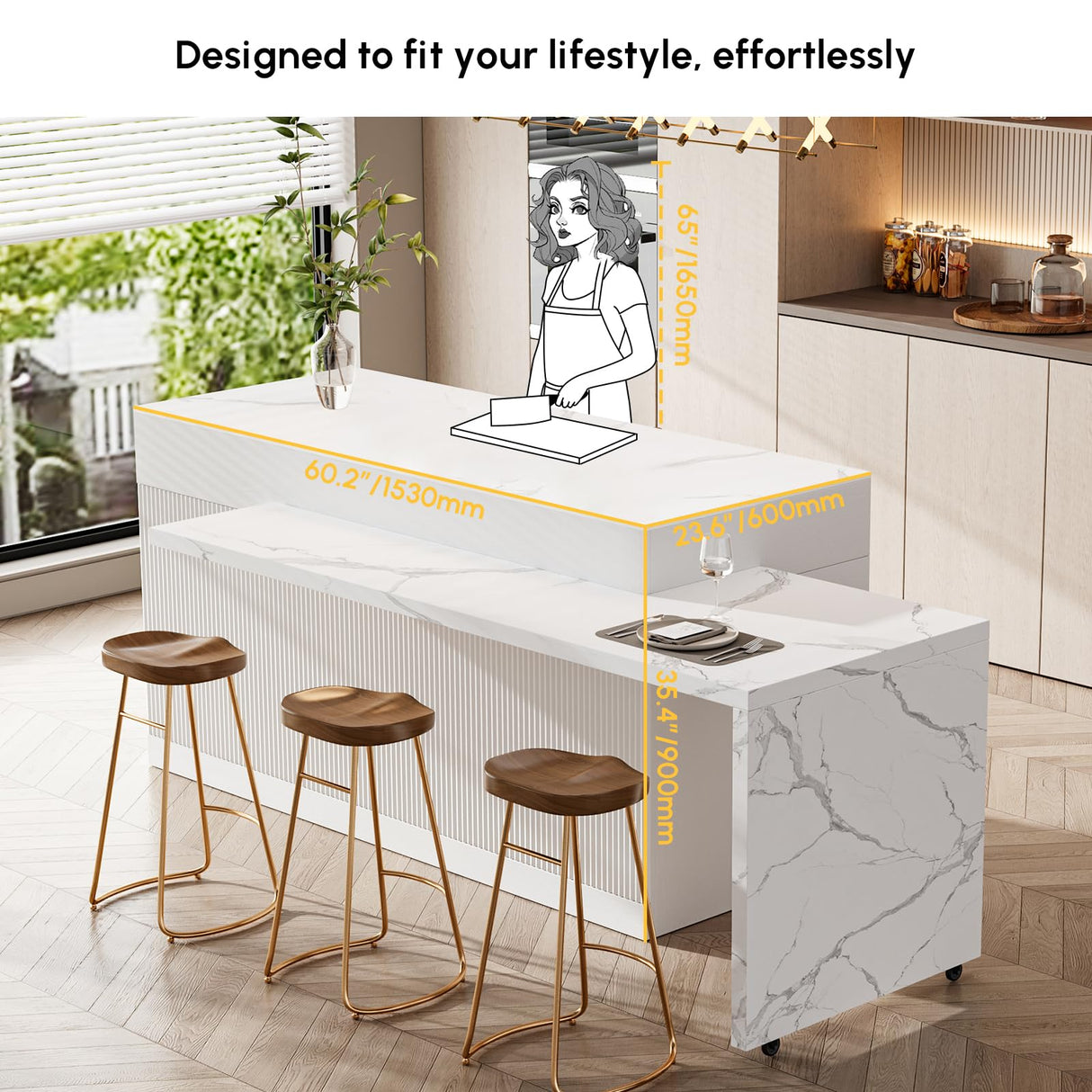 homary Kitchen Islands with Seating 81''-106" Extendable Kitchen Storage lsland with Doors&Drawers Marble Pattern Top homary