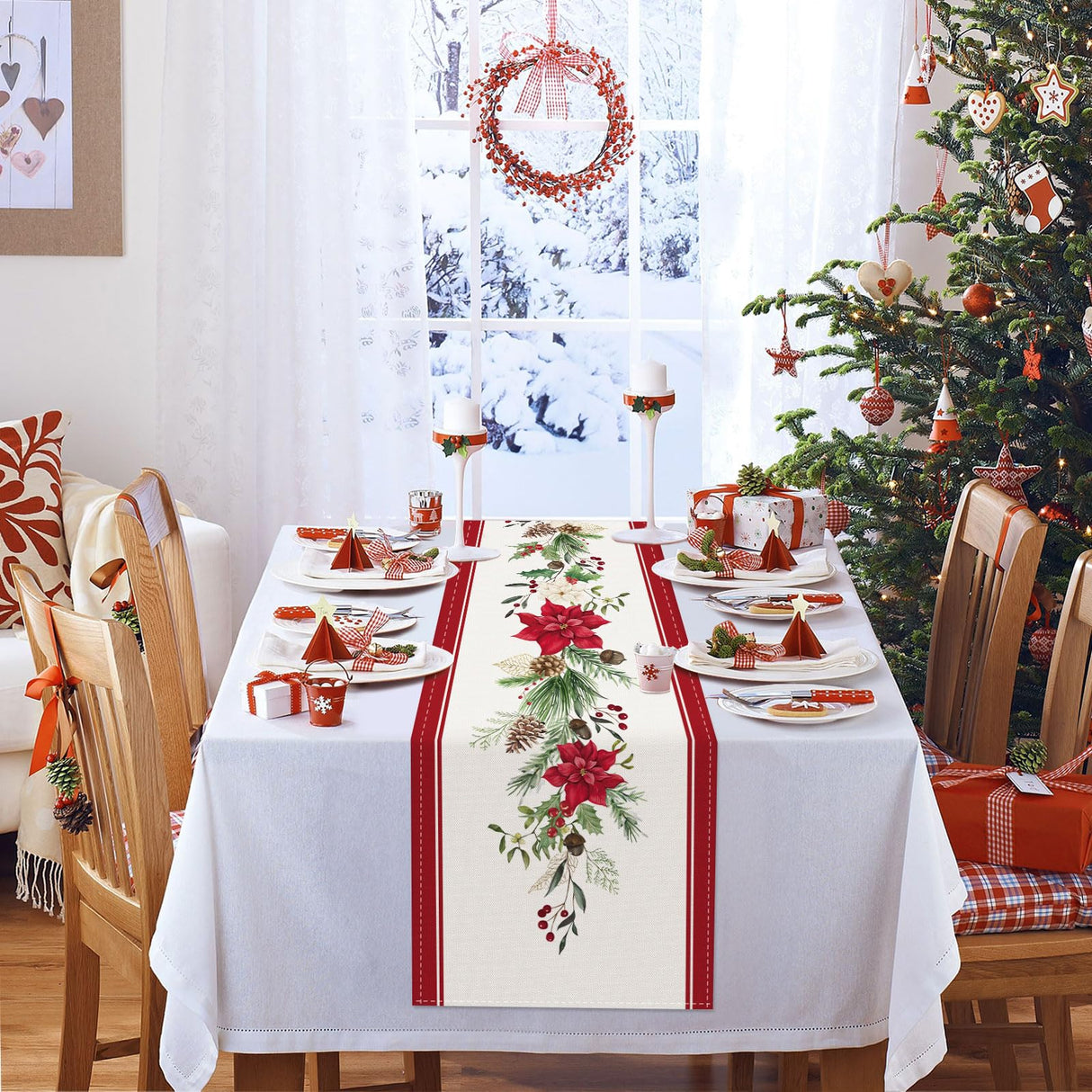 Bonhause Christmas Poinsettia Table Runner 13x72 Inch Red Floral Pine Branch Seasonal Winter Holiday Kitchen Dining Table Decoration for Indoor Outdoor Home Party Decor Bonhause