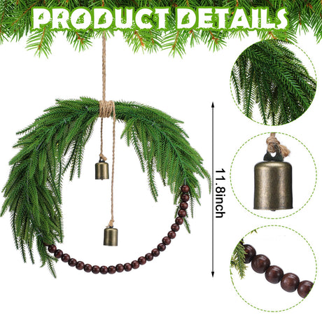 Dingion Norfolk Pine Christmas Wreath with Wood Bead 11.8 in Christmas Norfolk Pine Wreath for Front Door Farmhouse Rustic Xmas Artificial Door for Window Wall Hanging Decor(Classic) Dingion