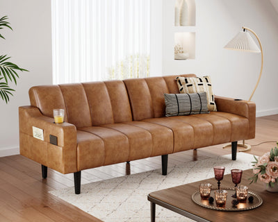 Chfeloai 80'' Futon Sofa Bed, Faux Leather Sleeper Couch, Convertible Loveseat with Adjustable Sofa Backrest, Modern Couches for Living Room, Bed Room, Apartment, Office (Brown)