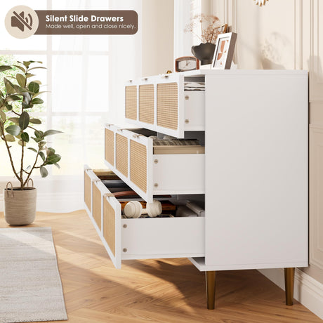 Garvee Rattan Dresser with 9 Drawers, Tall Modern Closet with Deep Storage, Large Chest of Drawers with Wide Top, Long Wooden Dresser for Bedroom, Living Room, Hallway, Kids Room, White Garvee