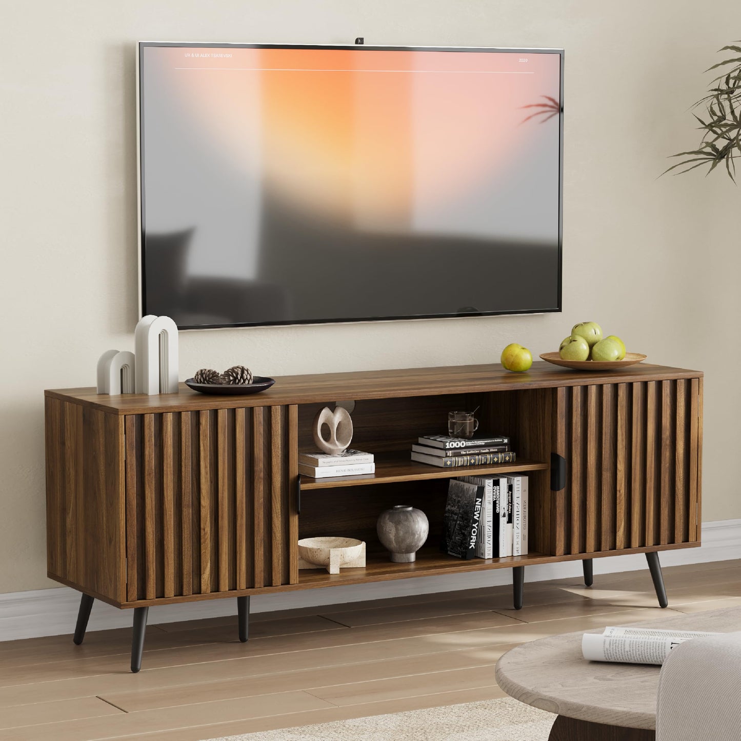 Smart FENDEE 53“ Walnut Fluted TV Stand with 2 Cabinets, Modern TV Consoles with Adjustable Shelf, Entertainment Center Fits 30" to 60" TV for Living Room, Bedroom