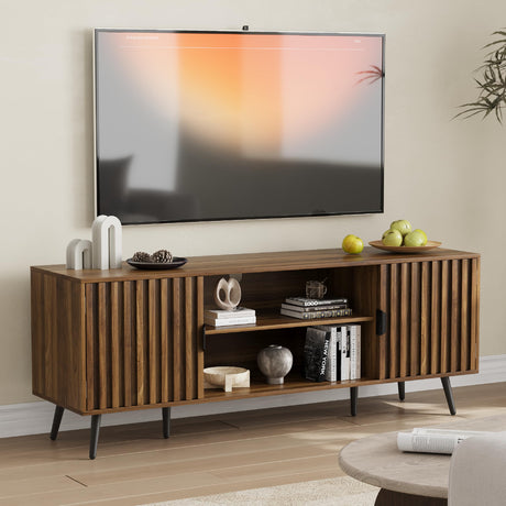 Smart FENDEE 53“ Walnut Fluted TV Stand with 2 Cabinets, Modern TV Consoles with Adjustable Shelf, Entertainment Center Fits 30" to 60" TV for Living Room, Bedroom Smart FENDEE