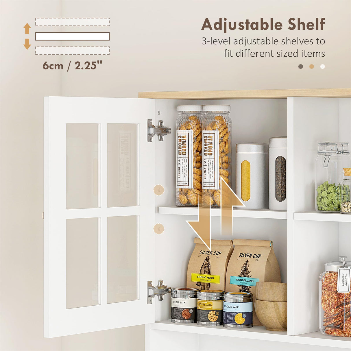 HOMCOM Kitchen Pantry Storage Cabinet, 72" Freestanding Cabinet with Hutch, Large Countertop, Glass Doors and Adjustable Shelves for Dining Room, Pure White HOMCOM