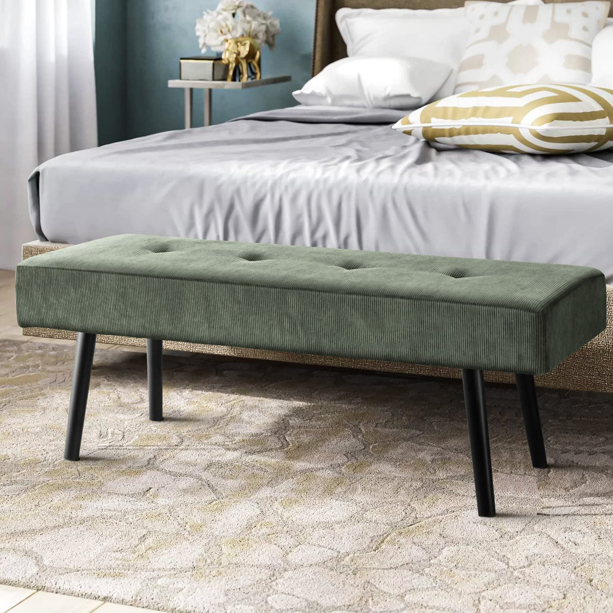 Comfy to go Entryway Bench - Green Bench for Bedroom, Modern Ottoman End of Bed, Corduroy Padded Benches for Living Room, Foyer, Mudroom, Hallway - 39" L x 14" W x 17" H Comfy to go