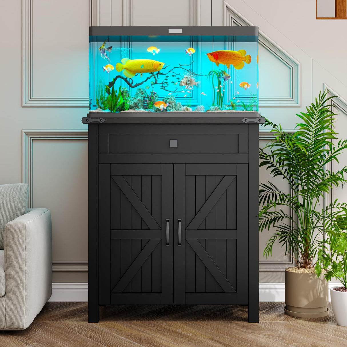 kepptory 20 Gallon Fish Tank Stand with Power Outlets, Farmhouse Decorative Aquarium Stand Furniture with Adjustable Shelves, 10-20 Gallon Reptile Turtle Tank Stand with Cabinet Storage (Black, 20GL) kepptory
